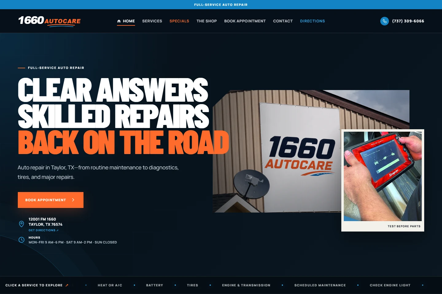 1660 AutoCare public homepage with repair services and appointment booking